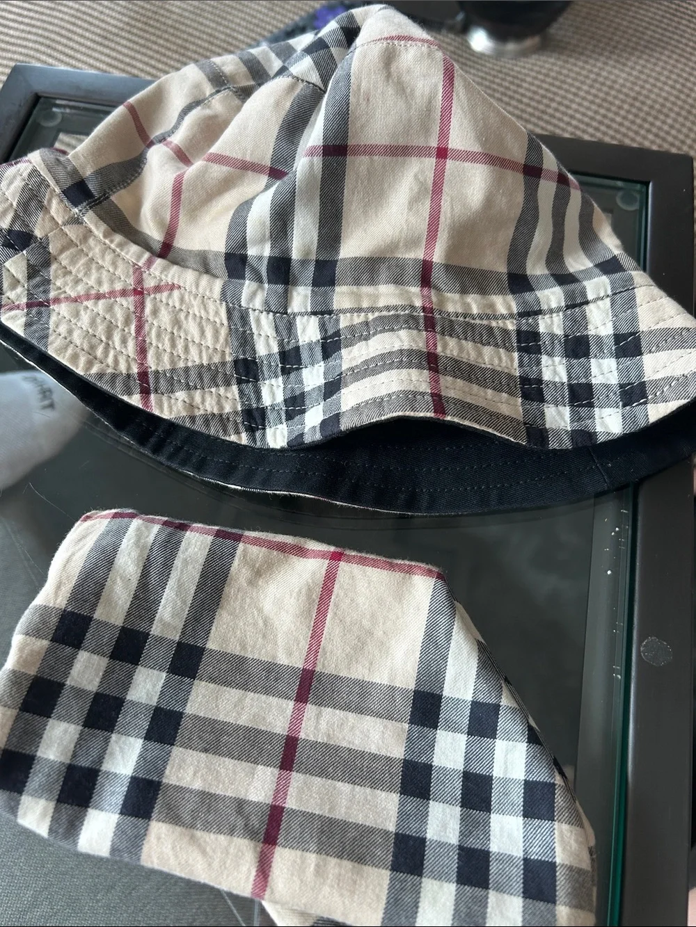 Burberry Beige Plaid Hat with Black and Red